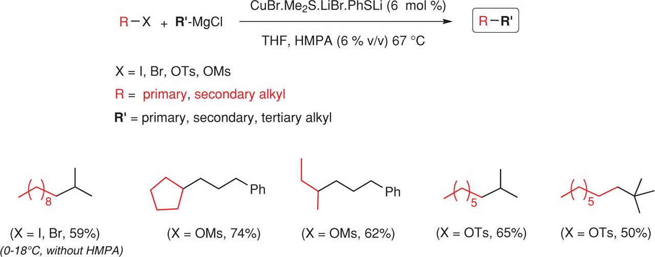 Fig. 4 Cu-catalyzed coupling involving primary or secondary alkyl toylates or mesylates and alkyl Grignard reagents [20, 21].
