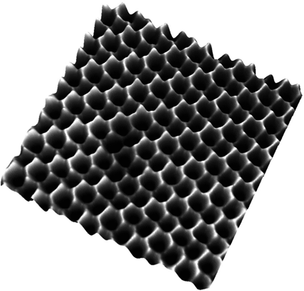Figure 4: Scanning tunneling microscopy image recorded at a sample bias of 0.5 V and a tunnel current of 0.2 nA. The image size is 4.5 nm × 4.5 nm. The nearest neighbor distance between the Ge atoms is 2.5 ± 0.1 Å and the buckling is 0.2 Å. Data taken from Ref. [15].