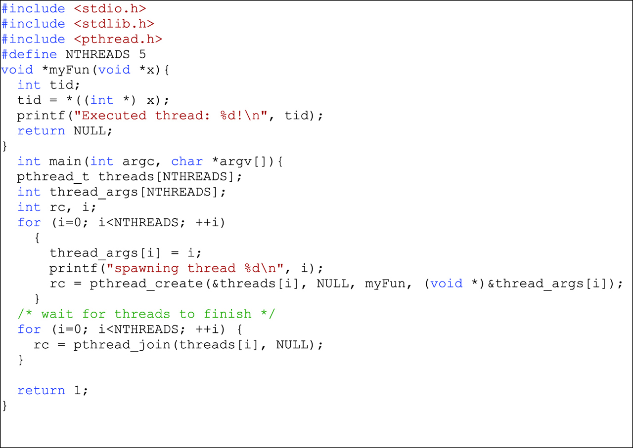 Figure 1: An example of p-thread code spawning three threads.