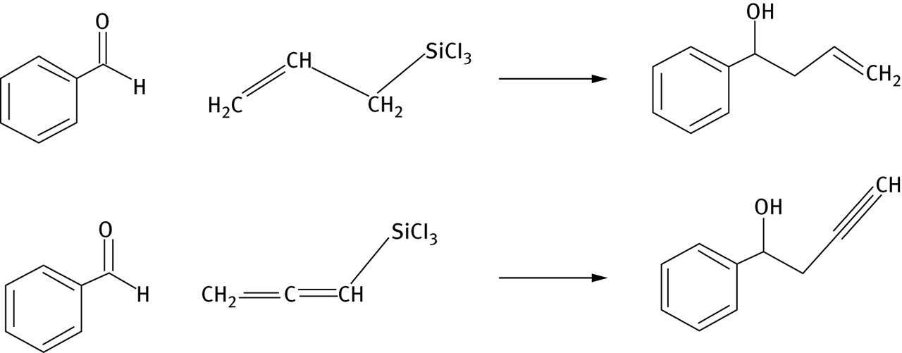 Figure 2: Allylation (top) or propargylation (bottom) of benzaldehyde discussed in reference 19.