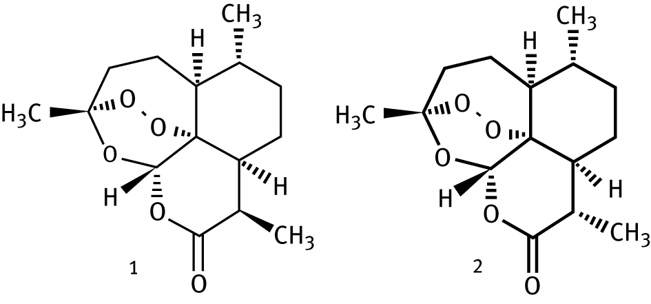 Figure 4: Structure of Artemisinin (1) and its diasteromer epiartemisinin (taken from reference 35).