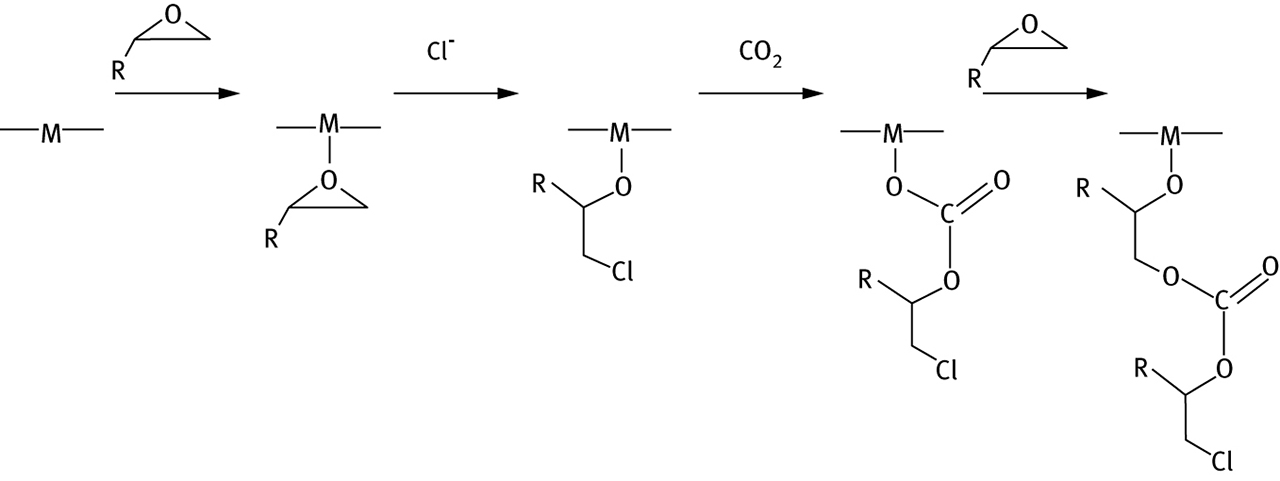 Figure 6: Catalyzed copolymerization of CO2 and epoxide. Cl- is shown as the initiator.