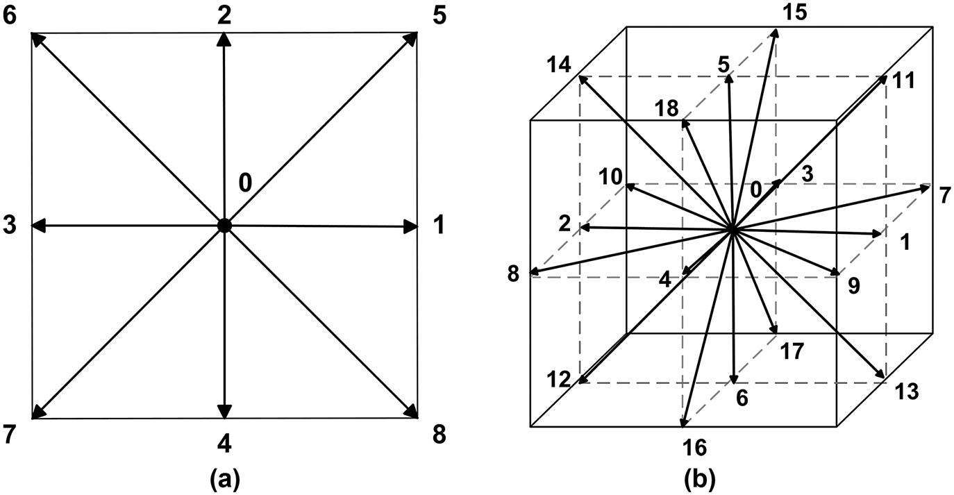 Figure 4. Lattice Boltzmann microscopic speed directions setup for two (D2Q9) and three (D3Q19) dimensional physical space.