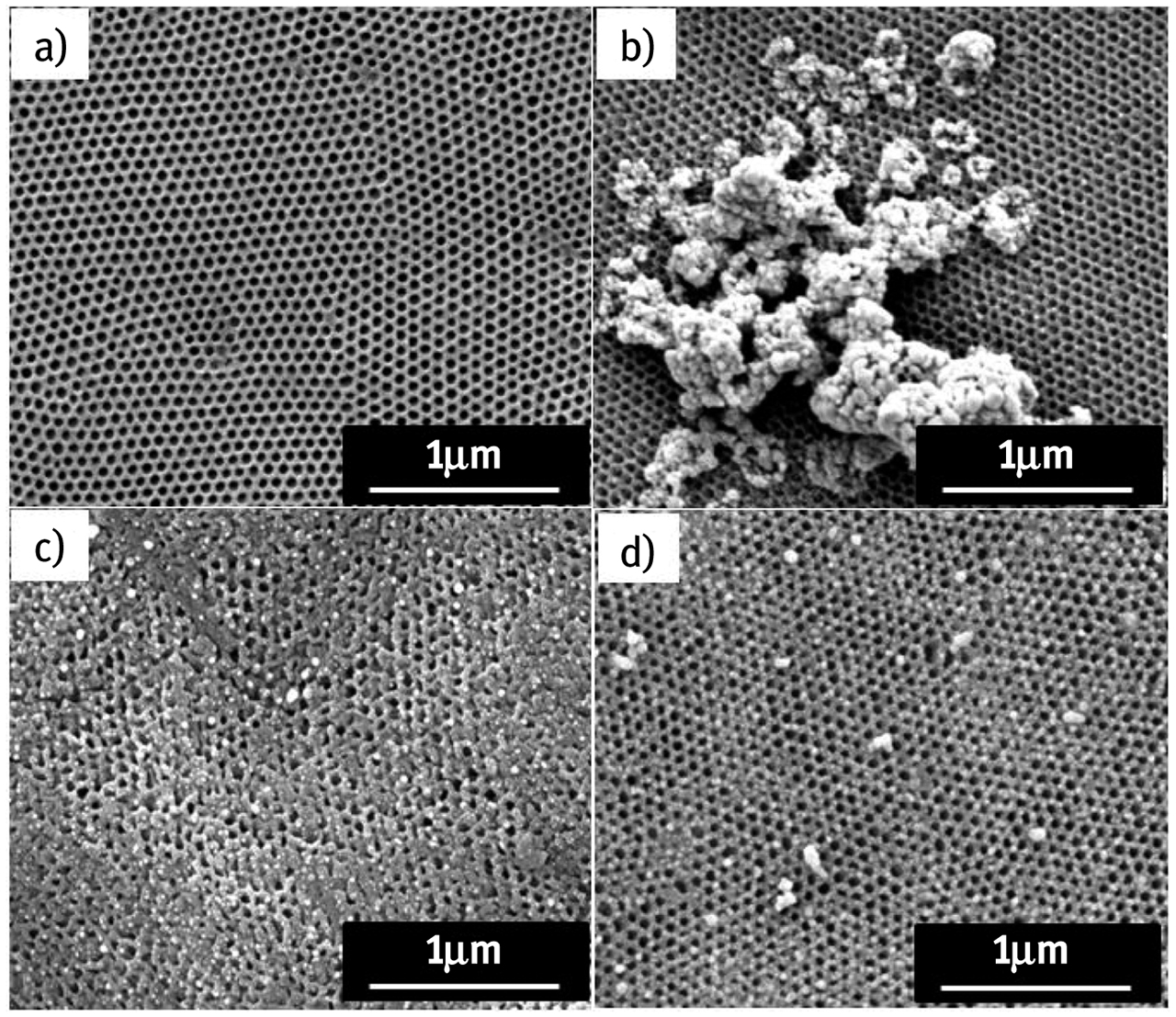 Figure 3. SEM images of a (a) plain PS-b-P4VP membrane and membranes with Ag nanoparticles prepared at (b) pH 2.1, (c) pH 7 and (d) pH 9 with 1.0 mM AgNO3 solution. Reprinted with permission from [27]. Copyright (2014) American Chemical Society.