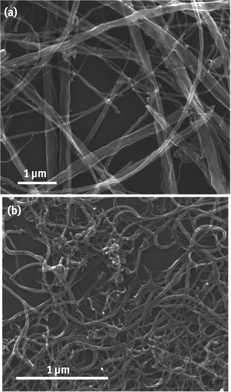 Figure 16. (a) SEM image of NTL MWCNTs treated with potassium naphthalenide in THF followed by addition of styrene. (b) SEM image of Baytubes treated with potassium naphthalenide in THF followed by the addition of styrene. Adapted with permission from ACS NANO 7 (2013) 2669-2675. Copyright (2013) American Chemical Society [1]