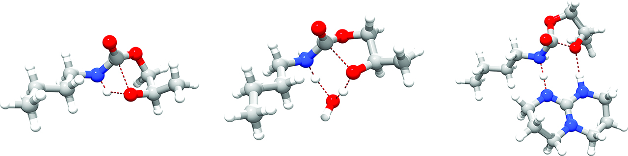 Figure 10: Transition structures for ring-opening of a cyclic carbonate enhanced by n-butylamine: left, non-catalyzed (ΔG‡ = 33.3 kcal/mol), center, H2O-catalyzed (ΔG‡ = 24.2 kcal/mol) and right, TBD-catalyzed (ΔG‡ = 18.2 kcal/mol).