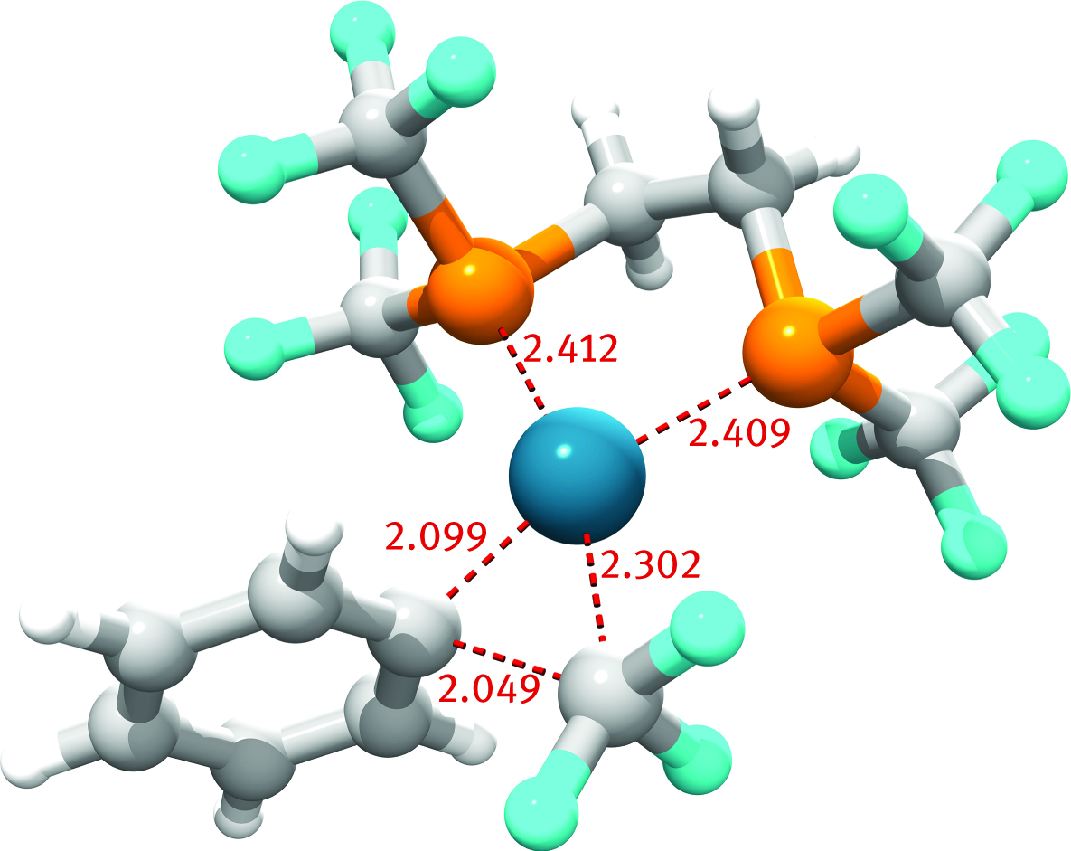Figure 14: Bite-angle is not the issue, says theory. Schoenebeck’s designed palladium complex reductive-eliminates PhCF3, despite its small bit-angle phosphine. The figure shows the transition structure for such elimination (bond distances in Å).