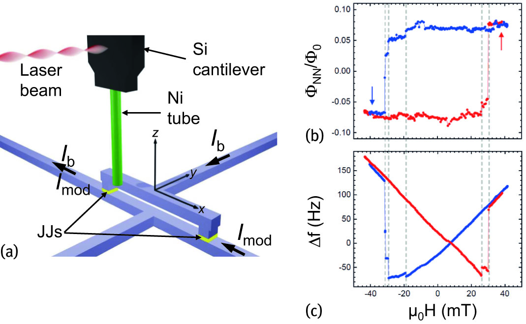 Figure 15: (a) Sketch of combined torque and nanoSQUID magnetometry on a Ni nanotube. (b,c) Simultaneously measured hysteresis loops (b) ΦNN(H)$\Phi_\text{NN}(H)$, (c) Δf(H)$\Delta f(H)$. Arrows indicate H$H$ sweep direction. Dashed lines indicate discontinuities appearing in both ΦNN(H)$\Phi_\text{NN}(H)$ and Δf(H)$\Delta f(H)$. (After [48] and [120])