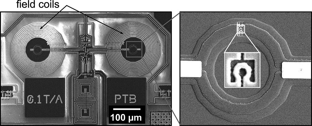 Figure 6: SEM image of a SQUID microsusceptometer with a nanoloop patterned in the pickup coil (inset). Images courtesy of J. Sesé.