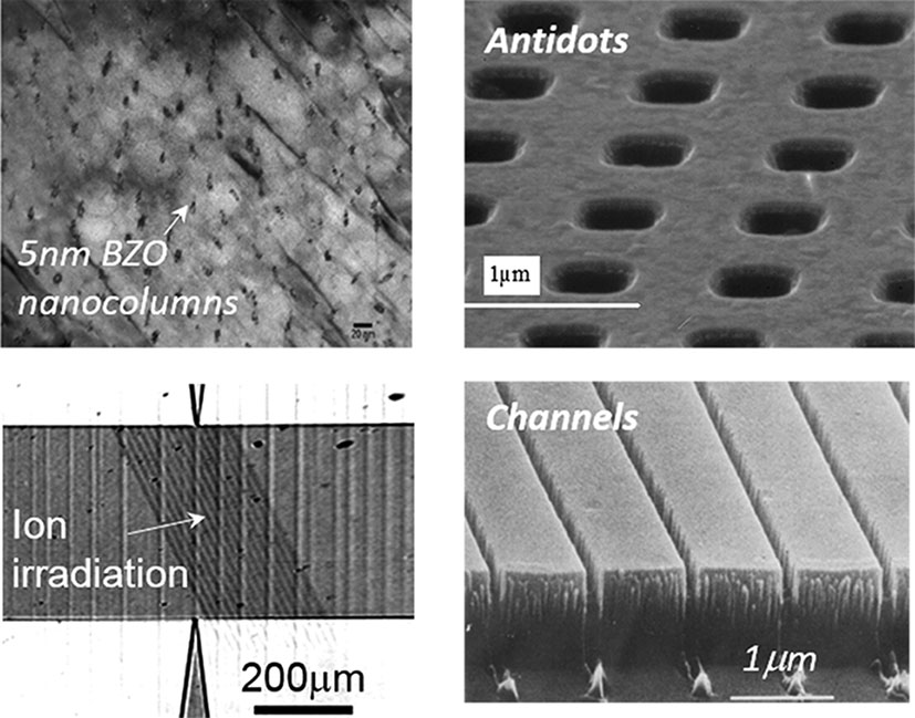 Figure 2: SEM images of artificial defects ranging from BaZrO3$$\mathrm{BaZrO_{3}}$$ nanoparticles, antidots, or heavy-ion patterned channels in YBa2Cu3O7−δ$$\mathrm{YBa_{2}Cu_{3}O}_{\mathrm{7-\delta}}$$ thin films [4, 5, 6, 7, 8] to patterned channels in NbN/NbGe bilayer [2, 3, 9].