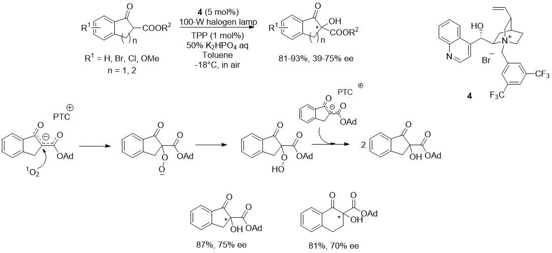 Figure 4: 
            Asymmetric photo-oxygenation of β-keto esters and proposed mechanism for the reaction.
          