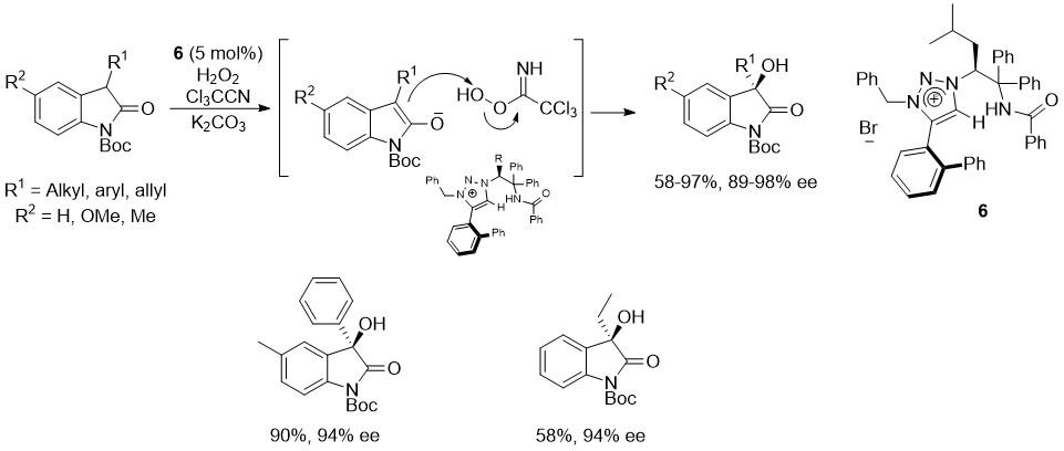 Figure 6: 
            Asymmetric α-hydroxylation of 3-substituted oxindoles.
          