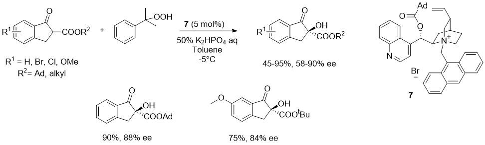 Figure 7: 
            Asymmetric α-hydroxylation of β-oxo esters catalyzed by 7.
          