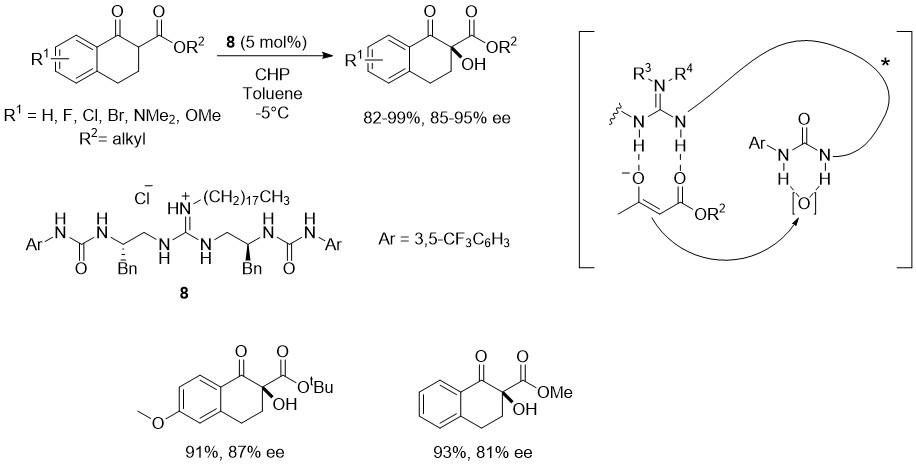 Figure 8: 
            Catalytic asymmetric α-hydroxylation of β-keto esters by guanidine-bisurea 8 and  proposed transition state model.
          