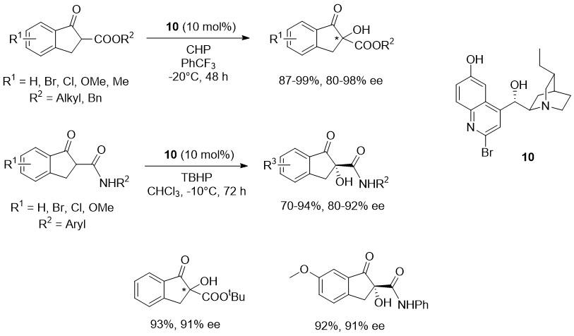 Figure 10: 
            Asymmetric α-hydroxylation of β-indanone esters and amides.
          