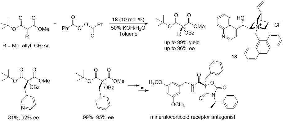 Figure 16: 
            Enantioselective α-benzoyloxylation of malonic diesters and its application in the synthesis of a mineralocorticoid receptor.
          