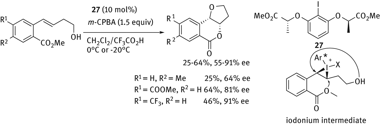 Figure 25: 
            Asymmetric oxylactonization of alkenes with C2-symmetric iodoarene.
          
