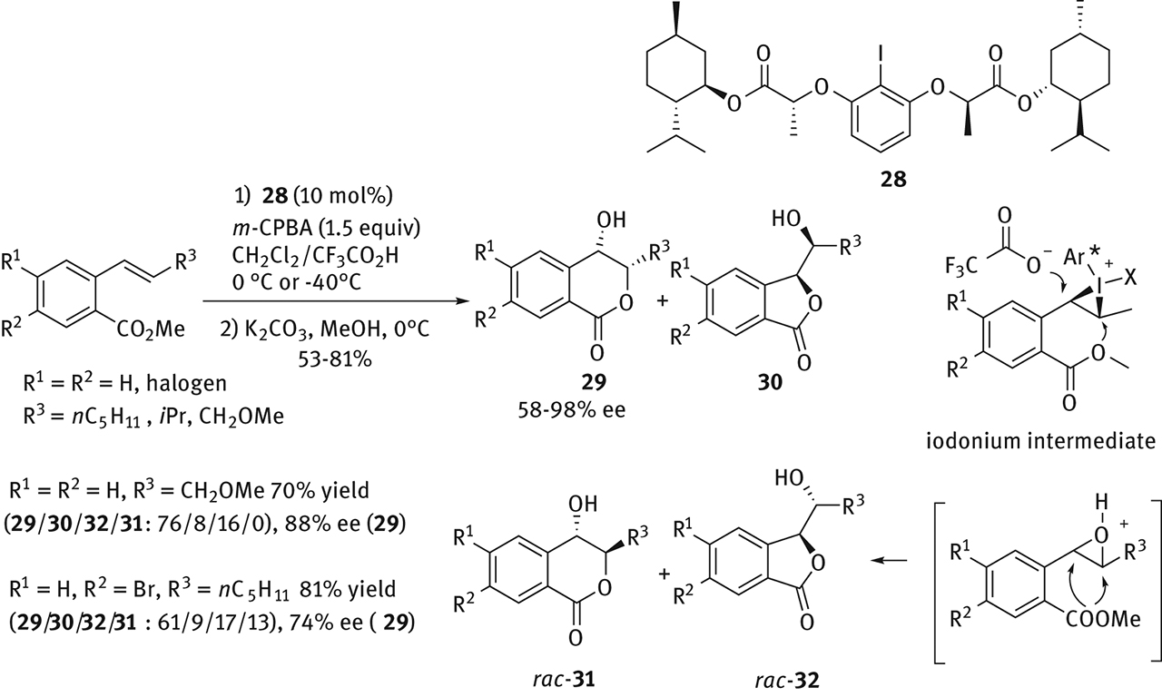 Figure 26: 
            Stereoselective oxylactonization of ortho-alk-1-enylbenzoates.
          