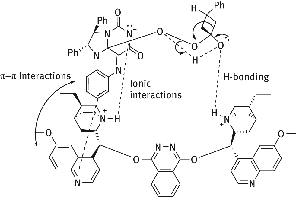Figure 37: 
          Hypothesized transition state of BV oxidation of 3-phenylcyclobutanone catalyzed by flavinium-cinchona alkaloid dimer.
        