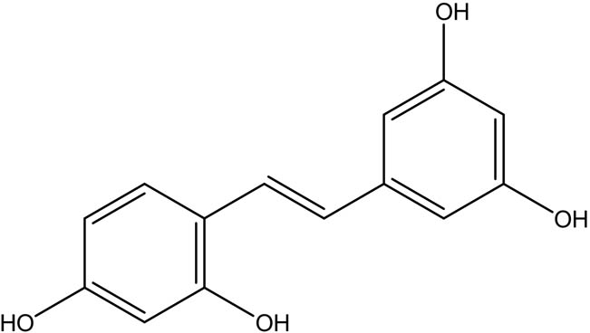 Figure 1 
               Structure of oxyresveratrol (C14H12O4 – IUPAC: 4-[(E)-2-(3,5-dihydroxyphenyl)ethenyl]benzene-1,3-diol; CAS: 29700-22-9).
            