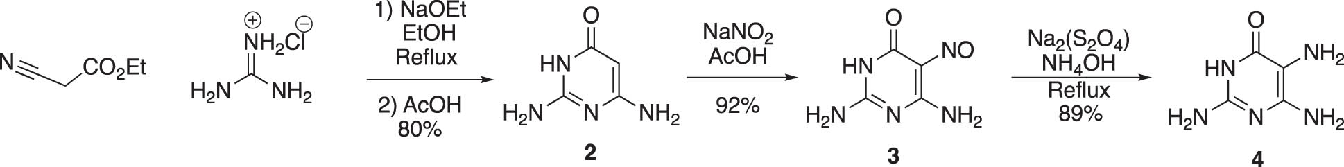Scheme 1 
               Synthesis of 2,5,6-diamino-4-pyrimidone (4).
            