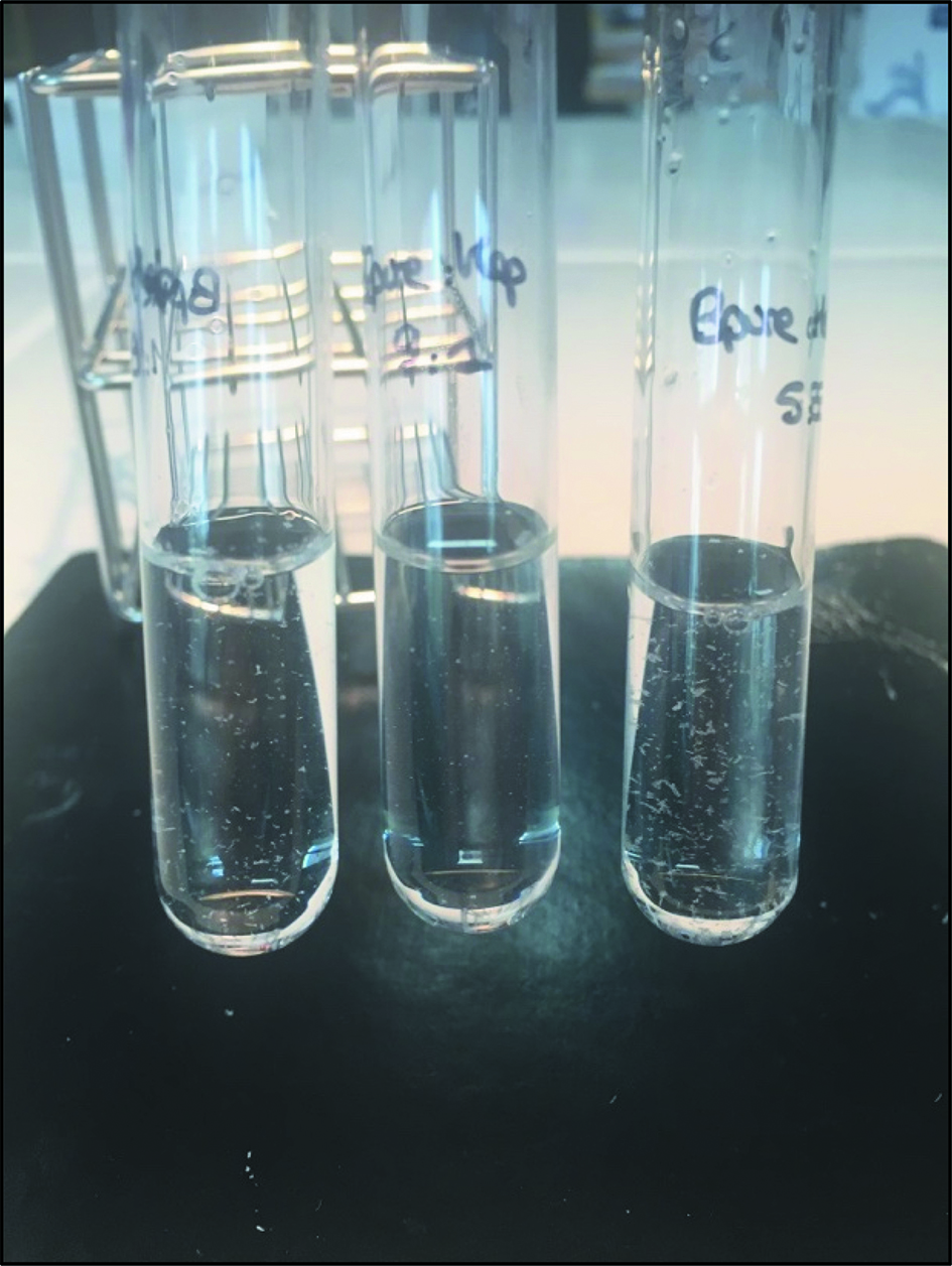Figure 3: Mixture of cotrimoxazole (C) undiluted with heparin sodium (H) at 208 UI/mL diluted in 0.9 % sodium chloride after 4 hours (C:H (v:v): glass tube left to right, n°1: 1:9; n°2: 9:1; n°3: 5:5).