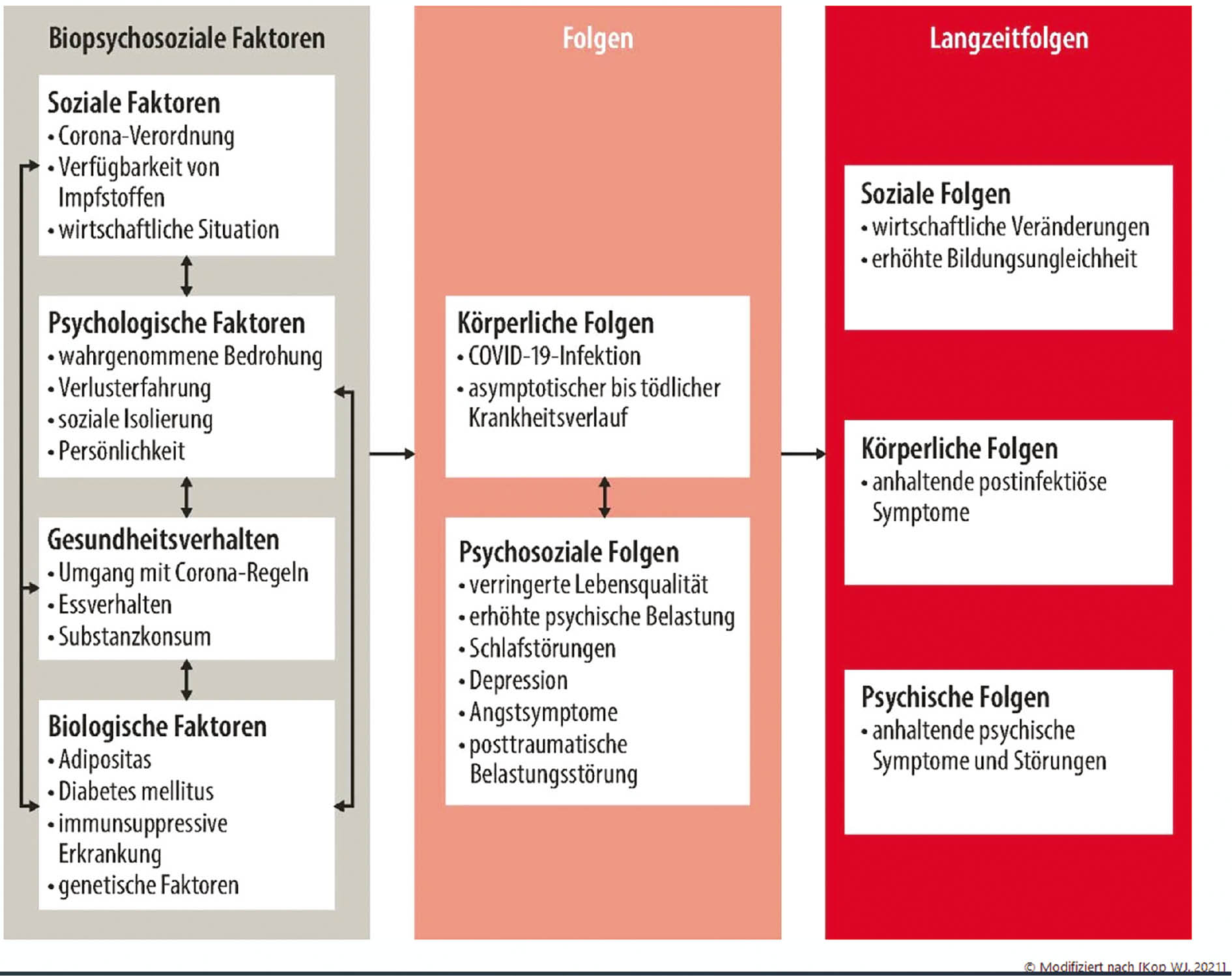 Abbildung 1: Biopsychosoziales Modell zu Folgen und Langzeitfolgen von COVID-19 [1].
© Modifiziert nach [Kop WJ., 2021].