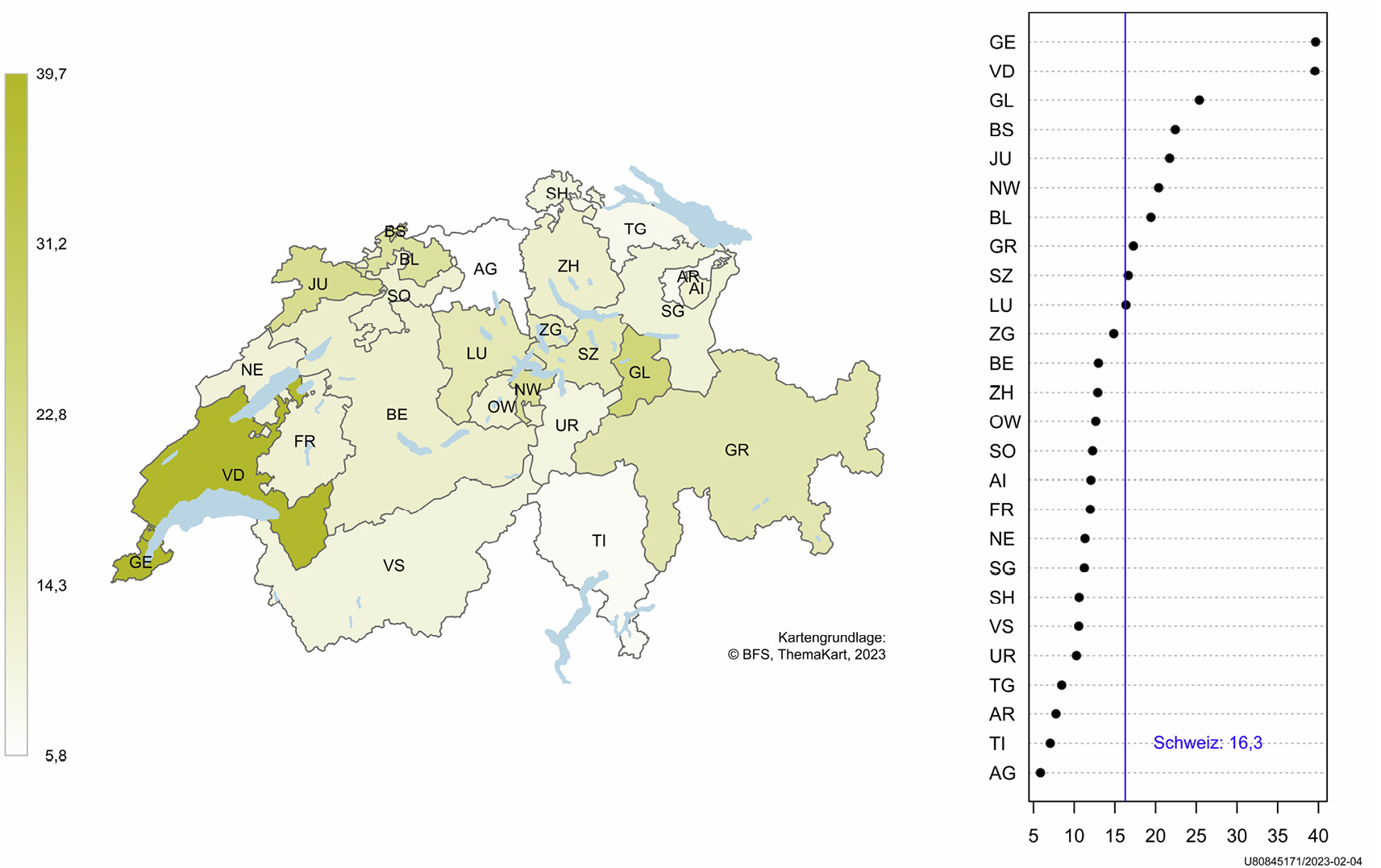 Abbildung 3: Anzahl strafloser Selbstanzeigen pro Kanton pro 10.000 Steuerpflichtige pro Jahr im Durchschnitt der Jahre 2010–2021
Quelle: Eidgenössische Steuerverwaltung (ESTV)