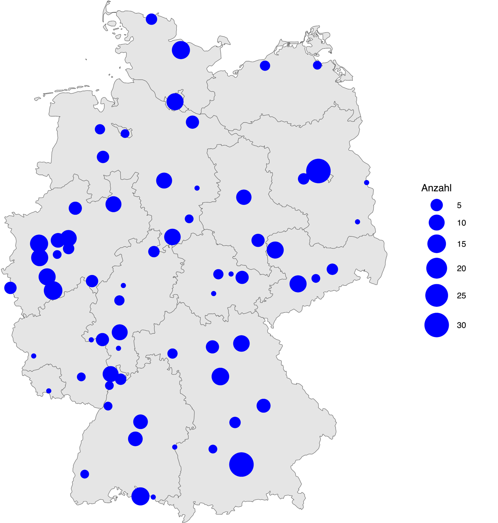 Abbildung 3: Anzahl der Ausschreibungen nach Universitätsstandort
Anmerkung: Die Karte zeigt die Zahl der auf die Universitätsstandorte aggregierten Ausschreibungen in unserem Datensatz.
Quelle: eigene Darstellung