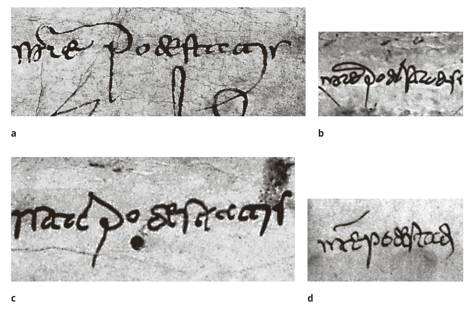Abb. 2a–d: Die Kürzung „s(upra)s(crip)tae potestatis“ in original überlieferten Fürstenurkunden des 9. Jahrhunderts.