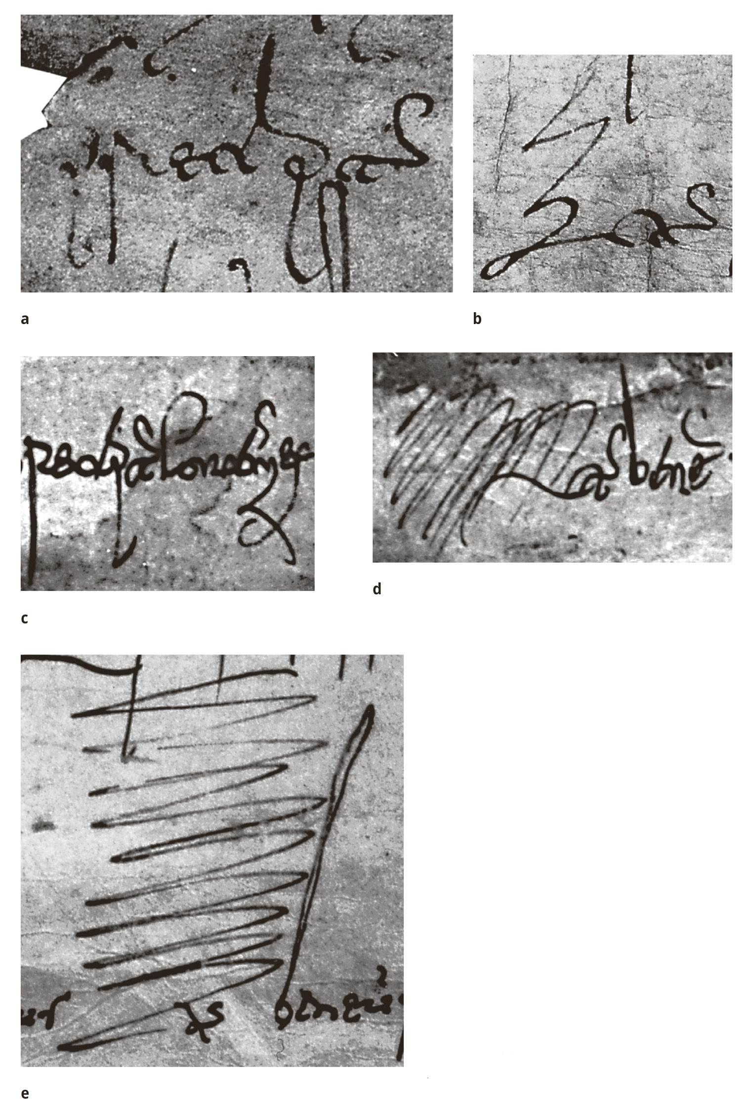 Abb. 3 a–e: Die Kürzung „precept(um)“ und „Act(um)“ in original überlieferten Fürstenurkunden des 9. Jahrhunderts.