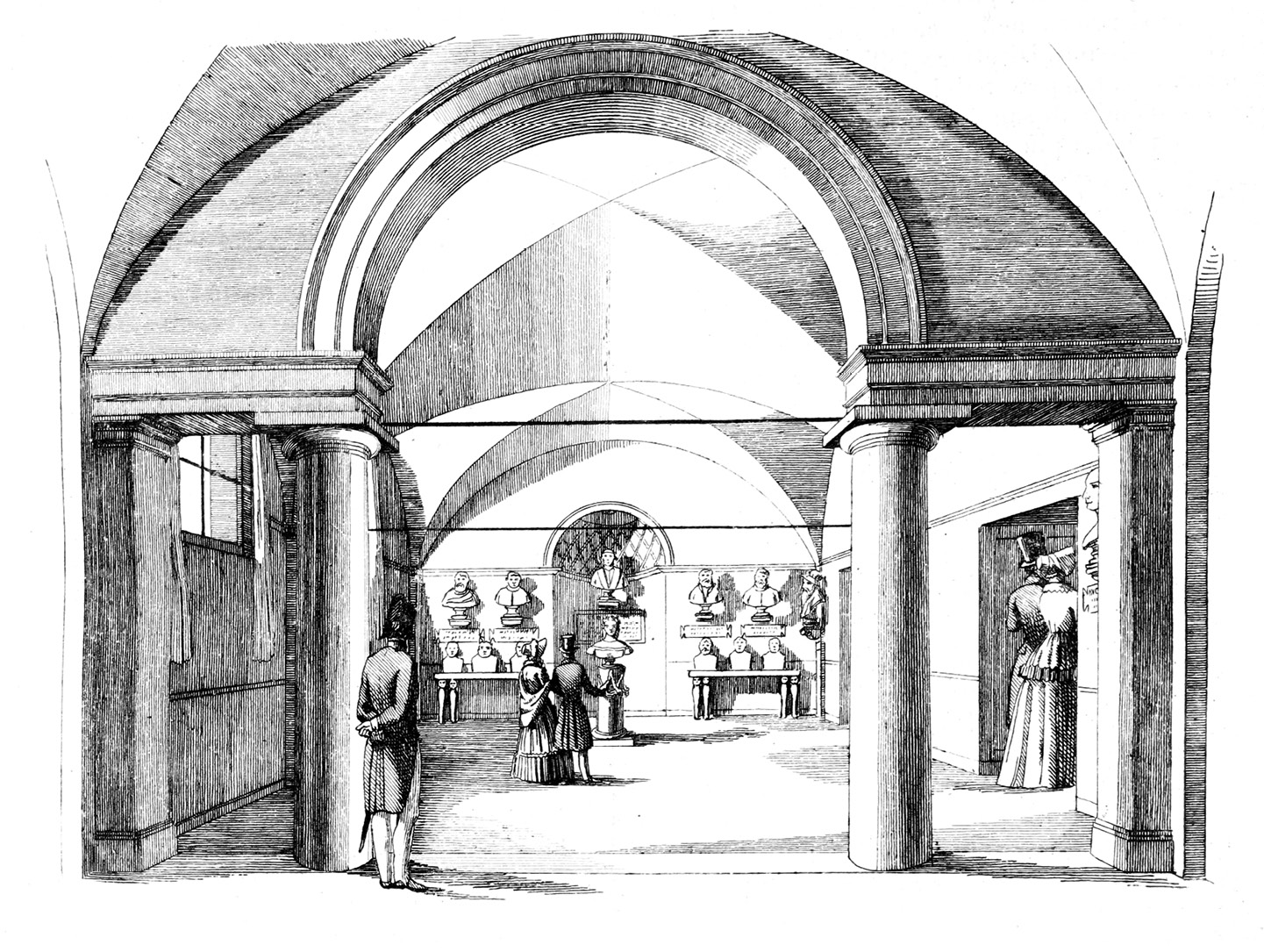 Abb. 9: Protomoteca Capitolina, Großer Saal 3 (Nr. 7c in Abb. 4), Blick nach Westen im Frühjahr 1845: Büste der Vittoria Colonna nach ihrer Einweihung am 12. Mai auf einem hohen, mit Girlanden geschmückten Podest, vor der Nischenkalotte die Büste von Papst Leo XII., rechts an der Wand das bärtige Bildnis von Benvenuto Cellini auf einer Konsole. Eine Inschriftentafel (tabula ansata) befindet sich jeweils nur unterhalb der Büsten, nicht der Hermen.