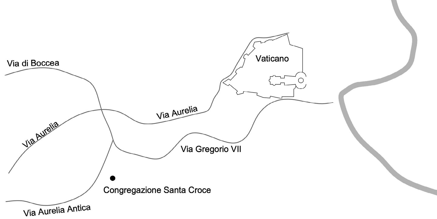 Fig. 10: Schema in cui si evince la posizione del complesso della Congregazione rispetto alle vie consolari e al Vaticano.