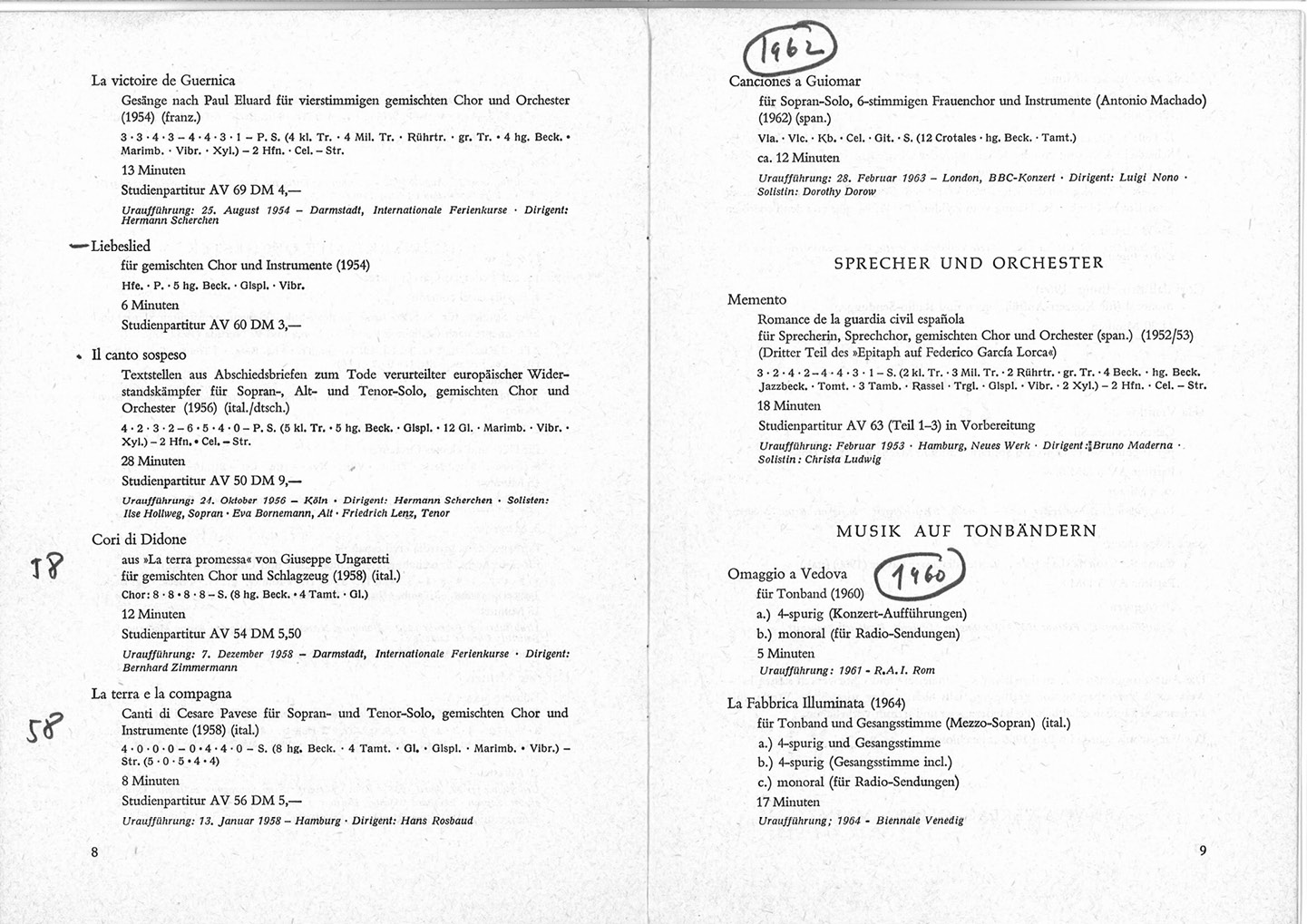 Fig. 1 e 2: Es. 1a e b Esemplare del catalogo Ars Viva, finito di stampare nel giugno 1966, con annotazioni autografe di Luigi Nono. Nota bene: Queste immagini sono escluse dalla licenza CC. Qualsiasi forma di utilizzo richiede il consenso delle Eredi Luigi Nono.