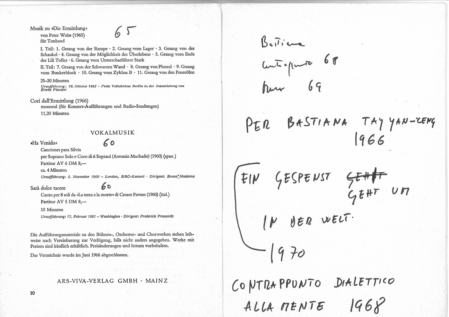 Fig. 1 e 2: Es. 1a e b Esemplare del catalogo Ars Viva, finito di stampare nel giugno 1966, con annotazioni autografe di Luigi Nono. Nota bene: Queste immagini sono escluse dalla licenza CC. Qualsiasi forma di utilizzo richiede il consenso delle Eredi Luigi Nono.