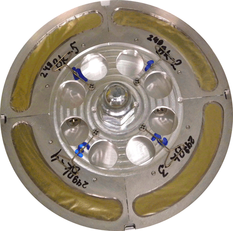 Figure 13: 
Assembled TASCA target wheel with four target segments, containing a total amount of about 12 mg 249Bk, deposited by molecular plating on 2 µm Ti backings [144]. The total 249Bk ß−-activity was 6·1011 Bq at the beginning of irradiation [86]. (Reprinted by permission from Springer nature Customer Service Centre GmbH: Nature Springer J. Radioanal. Nucl. Chem. 299, 1081–1804 (2014), “Preparation of actinide targets for the synthesis of the heaviest elements”, https://doi.org/10.1007/s10967-013-2616-6, J. Runke et al., © 2014).
