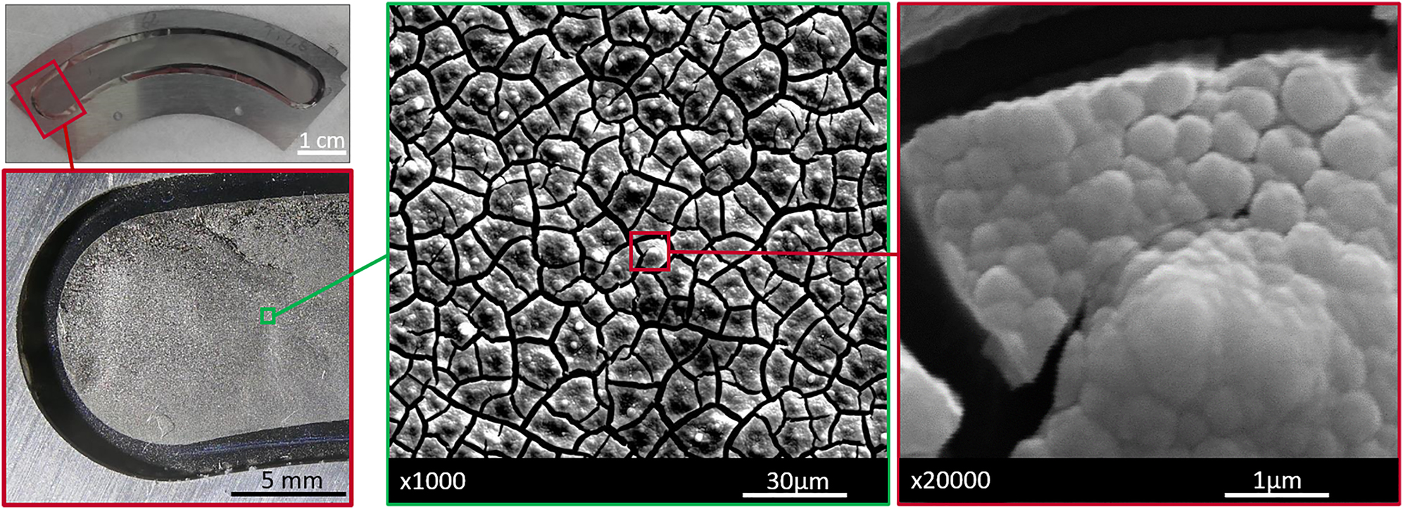 Figure 14: 
Photographies (top and bottom left) and SEM pictures (center and right) of a 500 μg/cm2 La target on a TASCA target frame.
