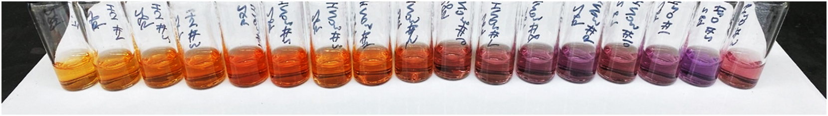 Figure 4: 
Example of how ARS changes color in the presence of metal ions. ARS is an orange-yellow color in its free form, takes on a pinkish hue with Ga3+, and attains a purple color with UO22+. See Figure 5 for corresponding UV–vis spectra.
