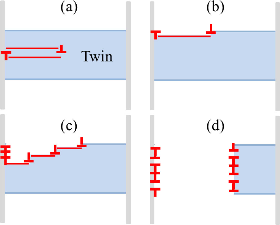 Figure 5 Schematic representation of detwinning process. GBs lie on both sides in all figures. The blue solid lines represent coherent twin boundaries, and the twin is marked in light blue. (a) A single twinning dislocation nucleates from the GB and glides inside the twin; (b) a single twinning dislocation nucleates from the GB and glides on the twin boundary; (c) multiple twin dislocations continuously nucleate from the GB and glide away on the twin boundary plane; (d) multiple twin dislocations with an arrangement of an ITB simultaneously nucleate at the GB, reorienting the originally twinned crystal into a matrix crystal through their gliding.