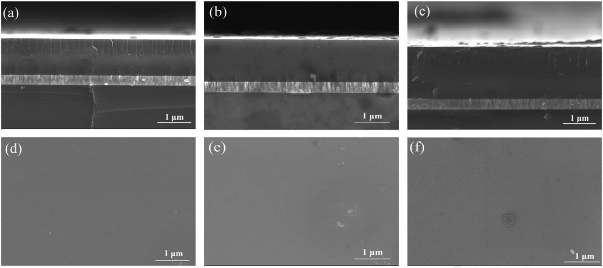 Figure 2 
                  Cross-sectional and planar-view field emission scanning electron microscope images of pure DLC films (a and d), 4.56 at% Si-DLC films (b and e), and 14.56 at% Si-DLC films (c and f) [45].
               