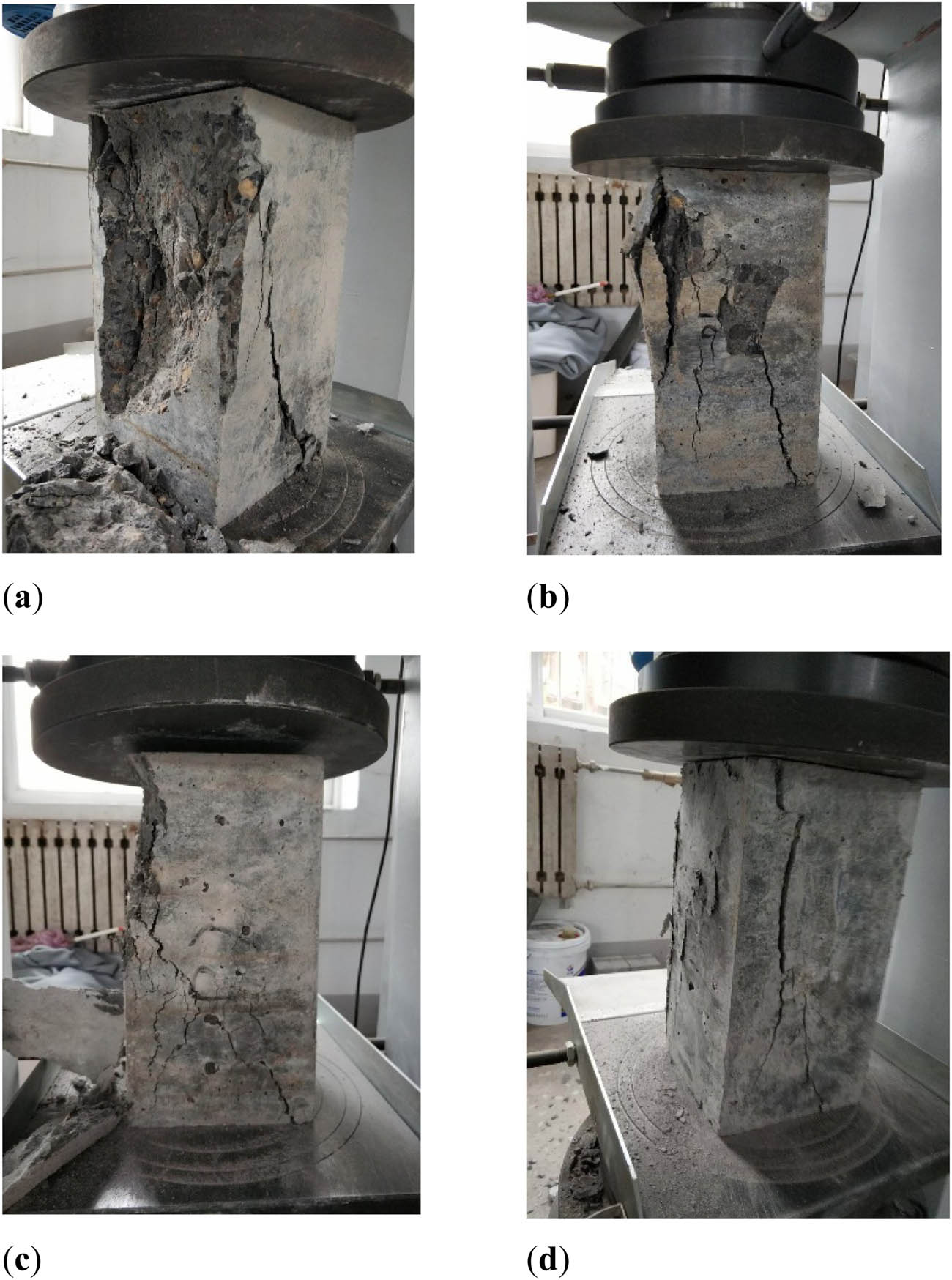 Figure 10 
                  Prism compression failure patterns of specimens: (a) without PVA fiber, (b) 0.2% PVA fiber content, (c) 0.4% PVA fiber content, and (d) 1.0% PVA fiber content.
               
