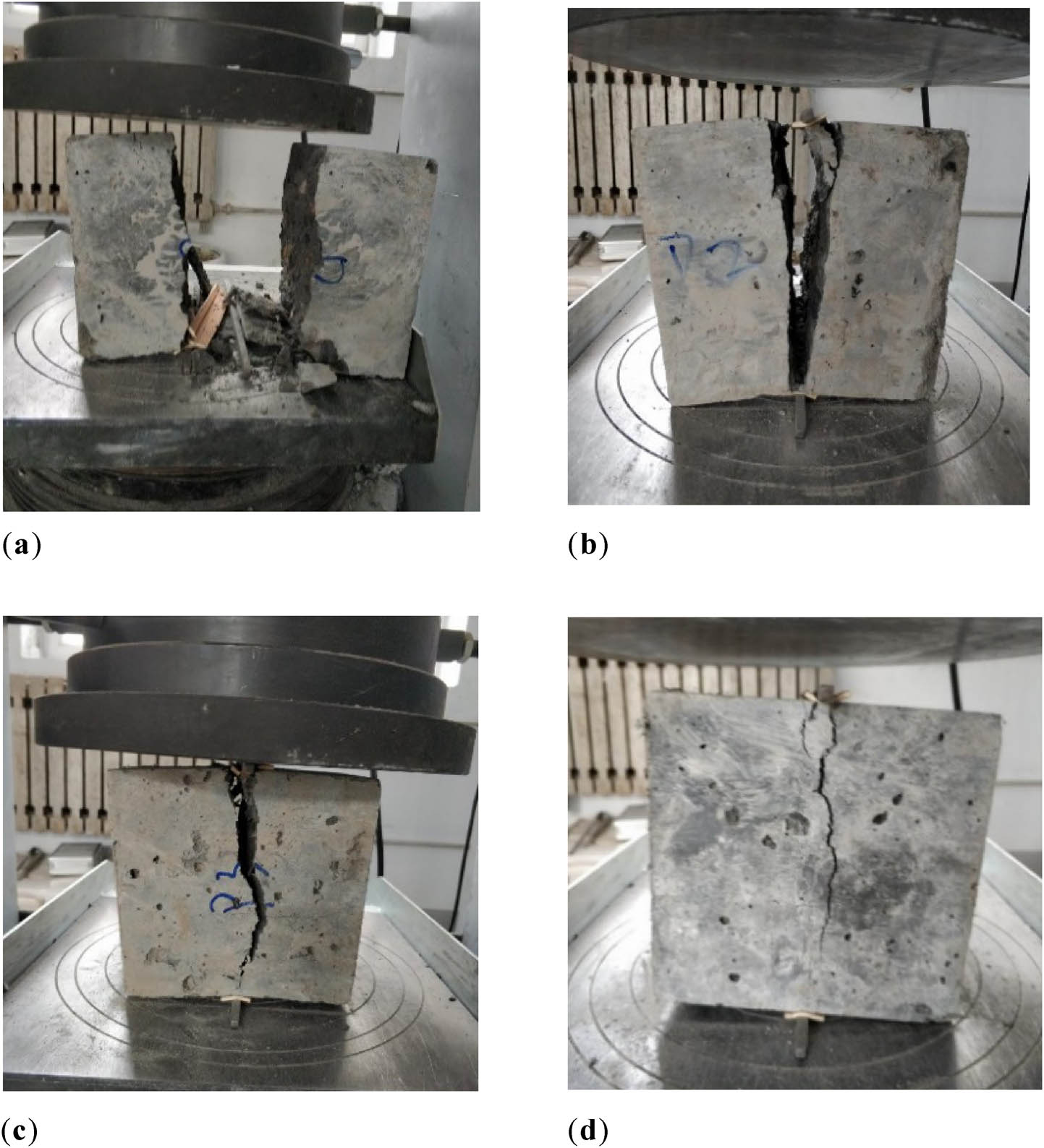 Figure 16 
                  Splitting tensile failure patterns of specimens: (a) without PVA fiber, (b) 0.4% PVA fiber content, (c) 0.6% PVA fiber content, and (d) 1.0% PVA fiber content.
               