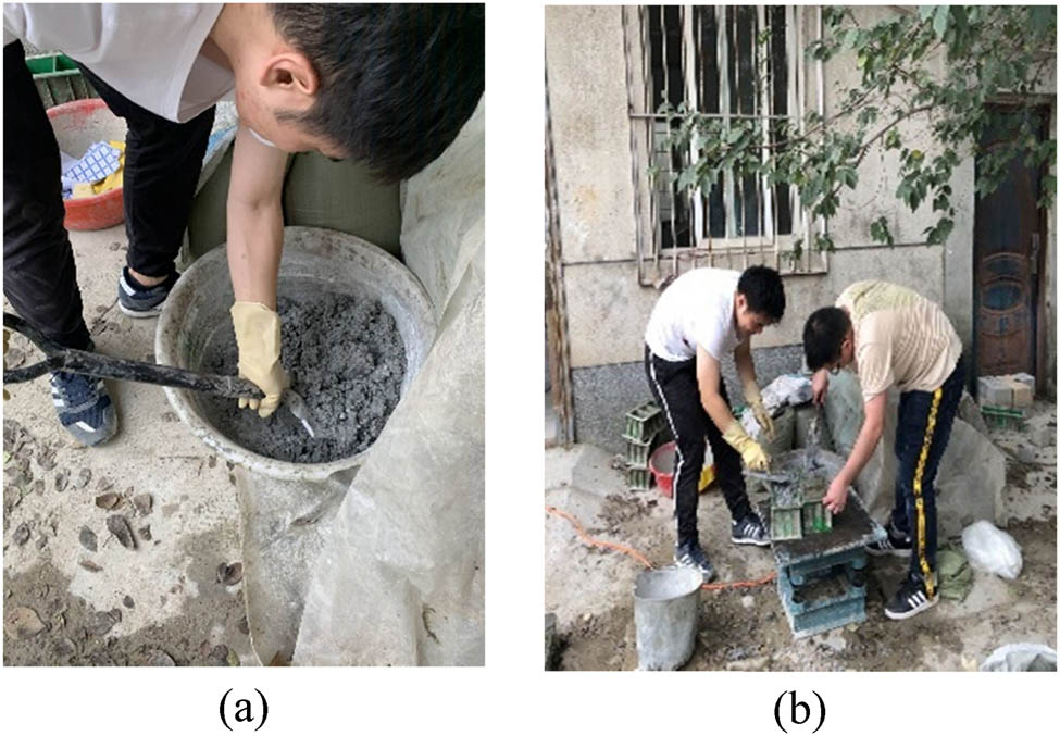 Figure 3
The process of casting concrete samples: (a) mixing concrete and (b) filling in the mold.