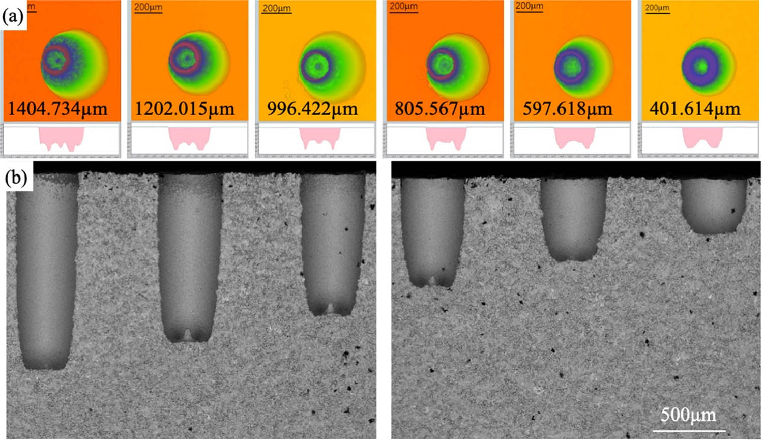 Figure 9 
                  Blind holes processed by brass electrode: (a) the 3D morphology; (b) the SEM image (frequency = 120 kHz, pulse width = 3 µs, current = 2.5, voltage = 90 V, gain coefficient = 15).
               