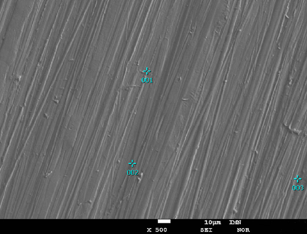 Figure 2
Surface morphology of the Ni–37Re coating (j = 25 mA·cm−2, 5 g·L−1 of ammonium rhenate(vii) in the bath) with the three points of EDS analysis.