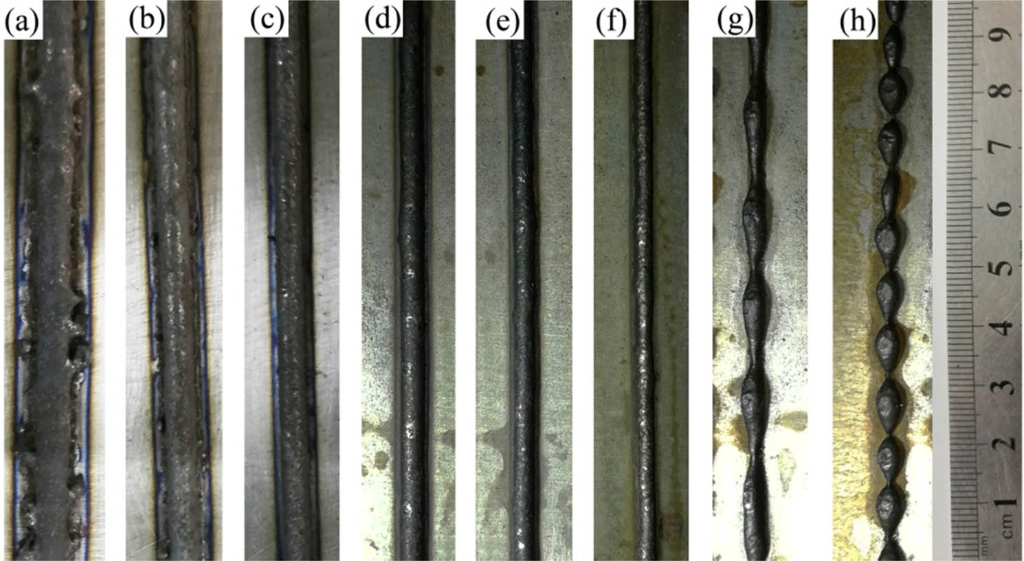 Figure 3
Schematic of macromorphology of a single-pass cladding layer obtained at different scan speeds. (a) 2 mm·s−1; (b) 4 mm·s−1; (c) 7 mm·s−1; (d) 10 mm·s−1; (e) 13 mm·s−1; (f) 16 mm·s−1; (g) 19 mm·s−1; and (h) 22 mm·s−1.