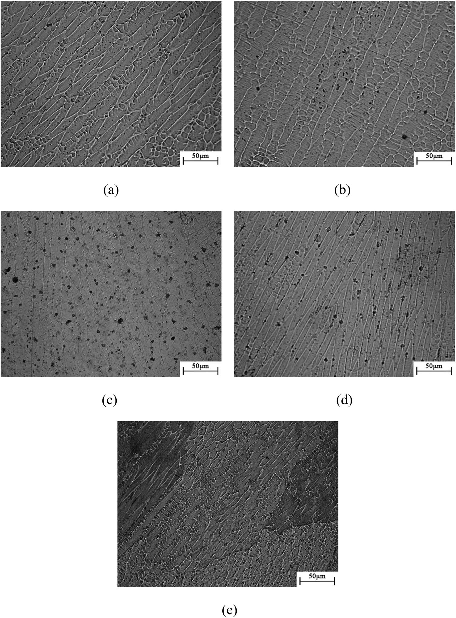 Figure 13
Dendritic morphology of material obtained at different scan speeds V
s: (a) 4 mm·s−1; (b) 7 mm·s−1; (c) 10 mm·s−1; (d) 13 mm·s−1; and (e) 16 mm·s−1.