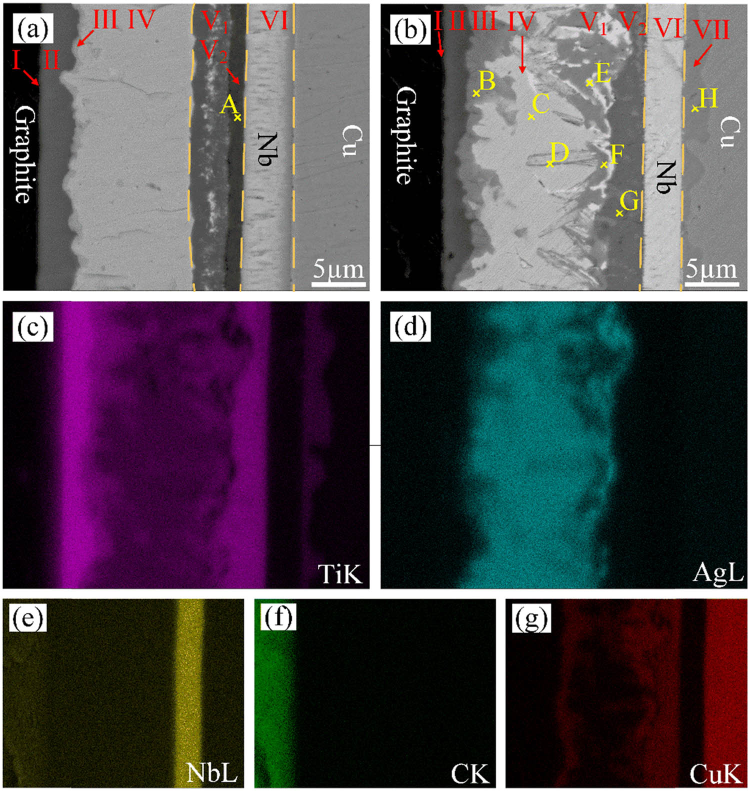 Figure 4
Microstructure of the graphite/Cu joint bonded with Ti/Ag/Nb composite interlayer at 850°C: (a) 60 min, (b) 90 min, and elemental analysis results (b–g) of the joint for 90 min.