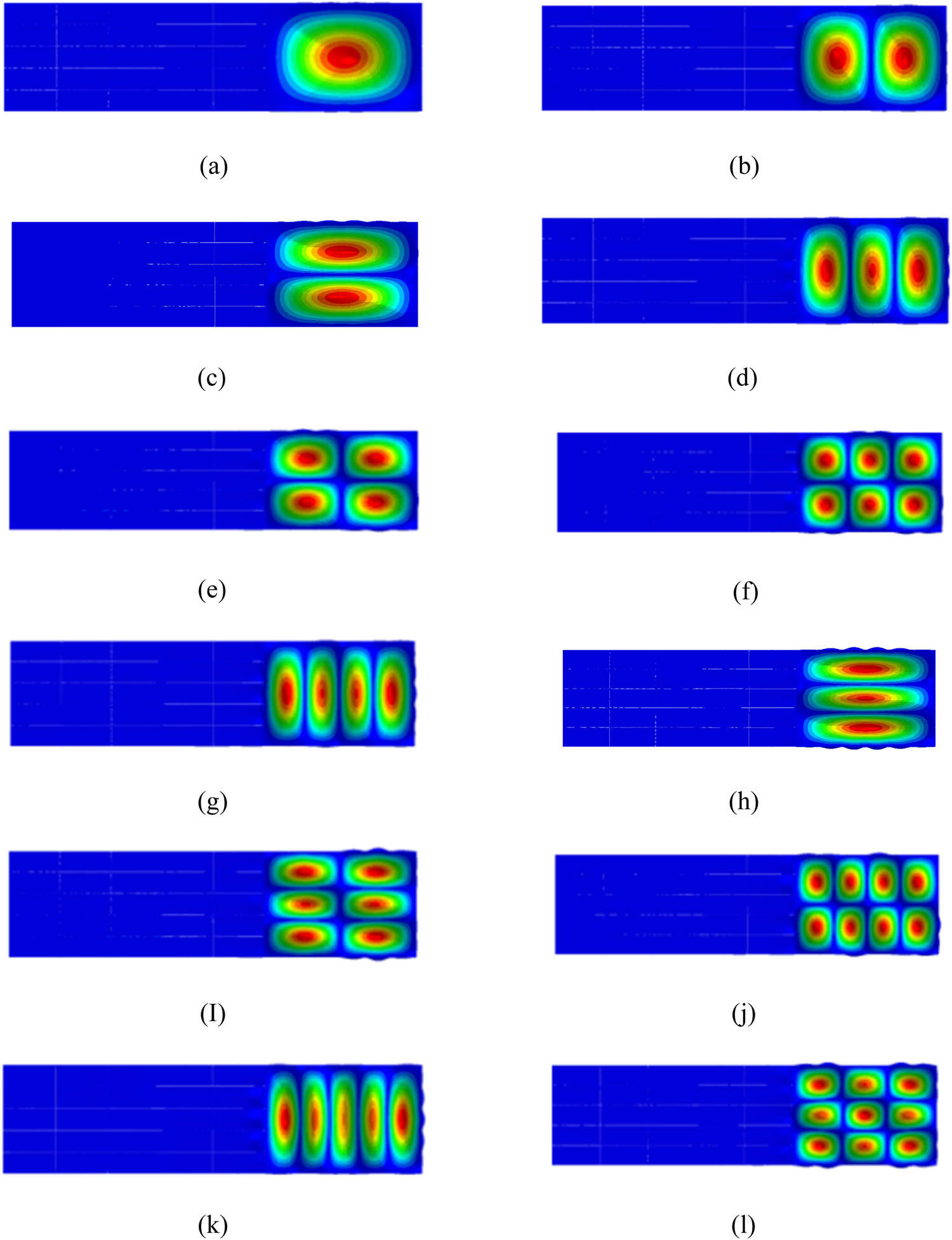 Figure 2
Modal results of multicompartment truss: (a) 5.2 Hz, (b) 8.3 Hz, (c) 12.5 Hz, (d) 13.6 Hz, (e) 15.4 Hz, (f) 20.4 Hz, (g) 20.9 Hz, (h) 23.7 Hz, (i) 26.5 Hz,(j) 27.5 Hz, (k) 30.2 Hz, and (l) 31.4 Hz.