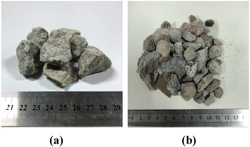 Figure 2 
                  Appearance of coarse aggregates: (a) NCA and (b) RCA.
               